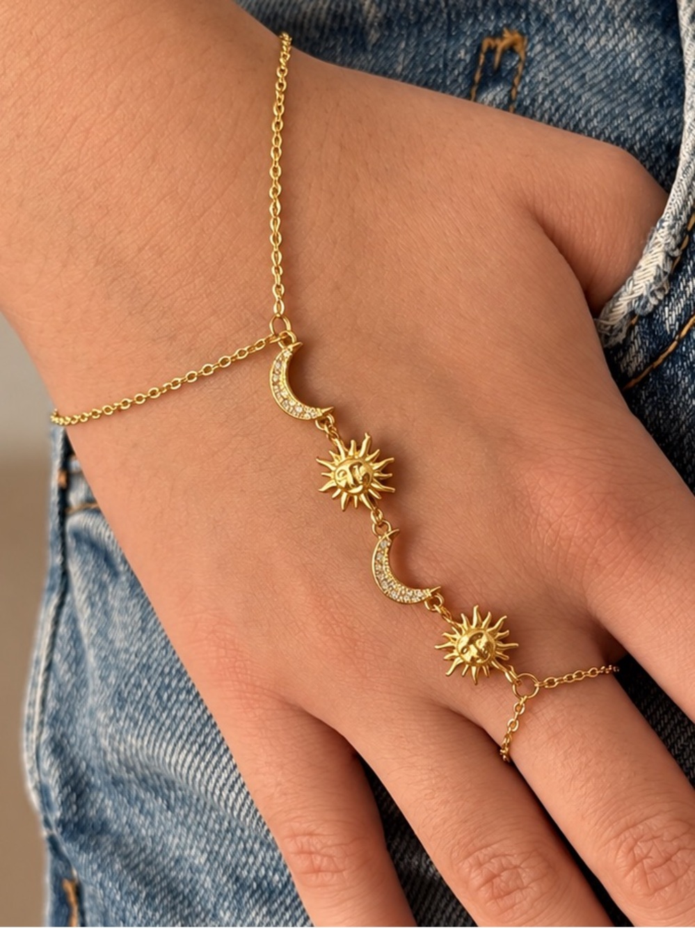 Stainless Steel Sun Moon Hand Chain Ring Bracelet Gold Tone Slave Bracelet